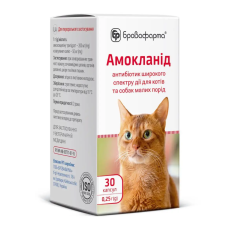 Амокланід для котів 30 капсул по 0,25гр Бровафарма при захворюваннях ШКТ, органів дихання, сечовивідних шляхів